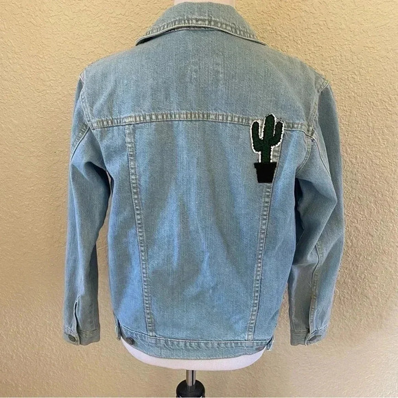 Bershka Denim Jean Jacket Vintage Inspired Style Patches Cactus Watermelon: XS - Picture 6 of 12